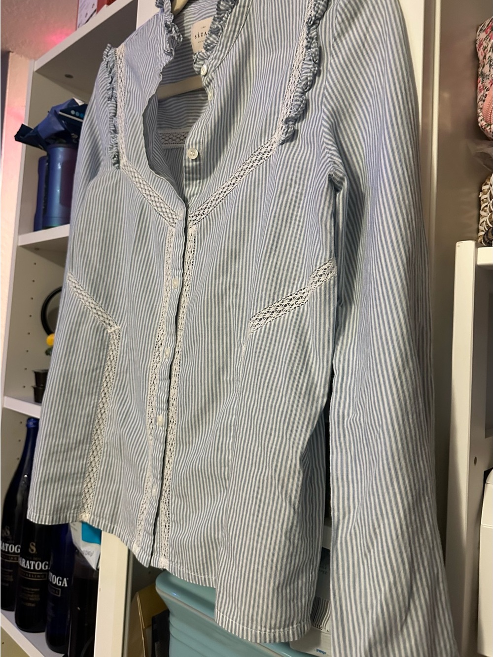 Cute $250 Sezane Blue White Stripe Lace Trim Ruffle Collar Shoulders Button Down - Picture 8 of 10